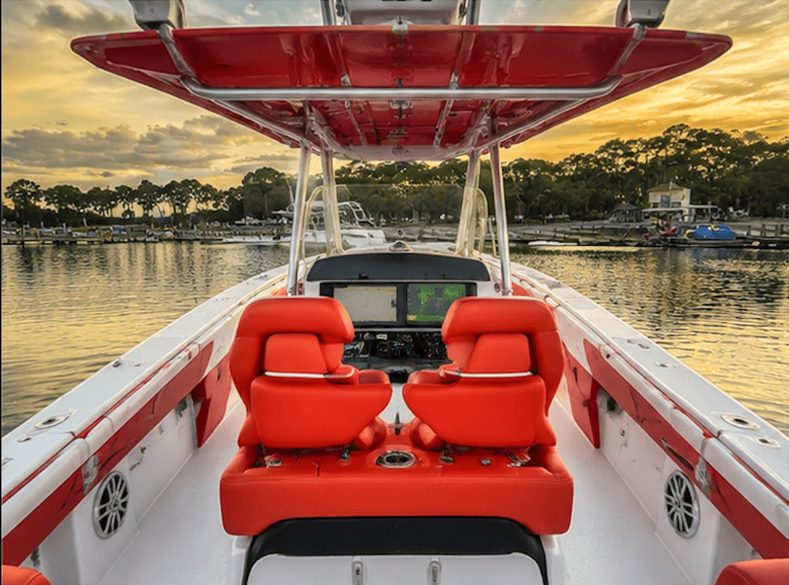 Premium red cockpit interior aboard the Full Throttle Destin Scarab